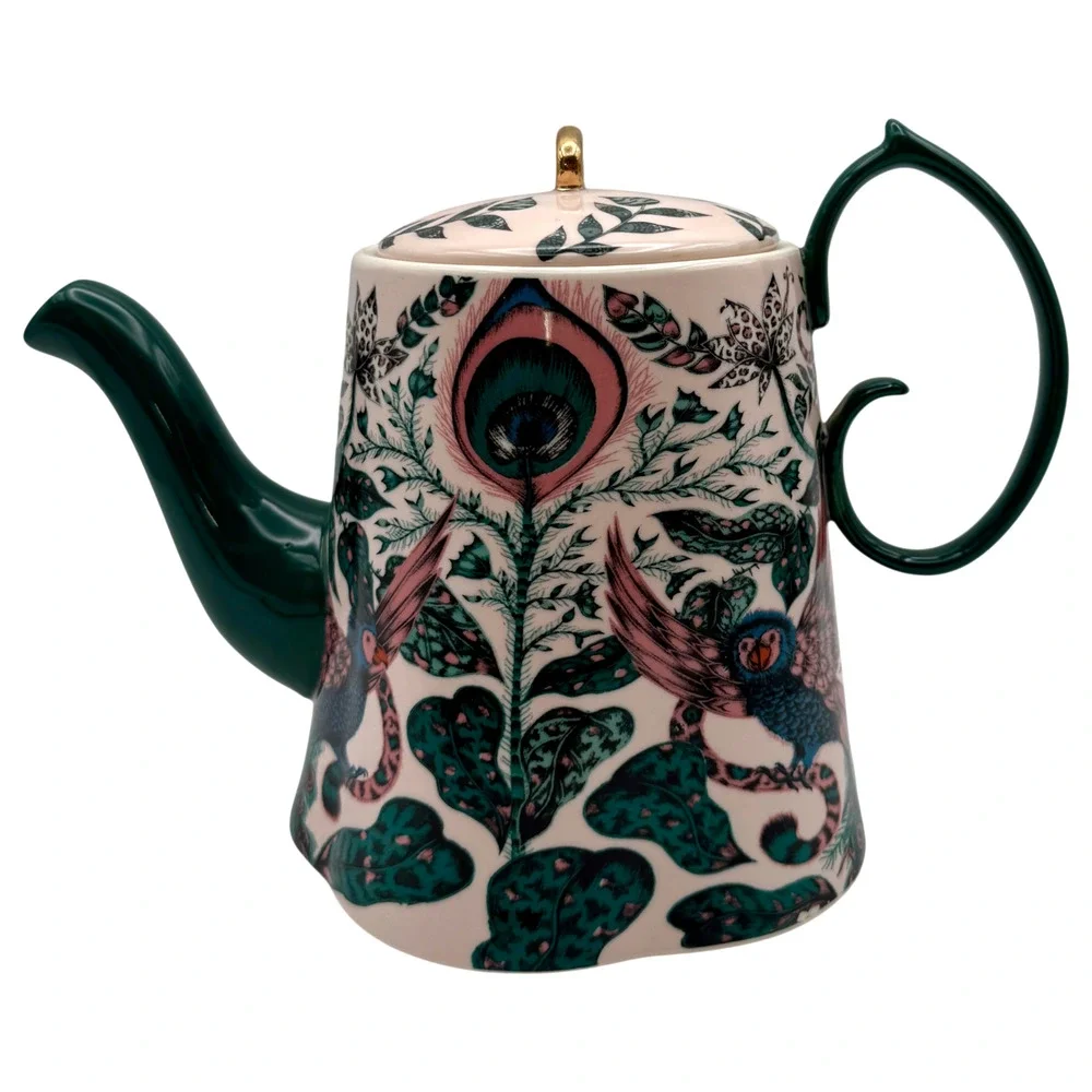 Anthropologie Emma J Shipley Maisie Teapot Peacock Feathers Bird Leaves Pink HTF
